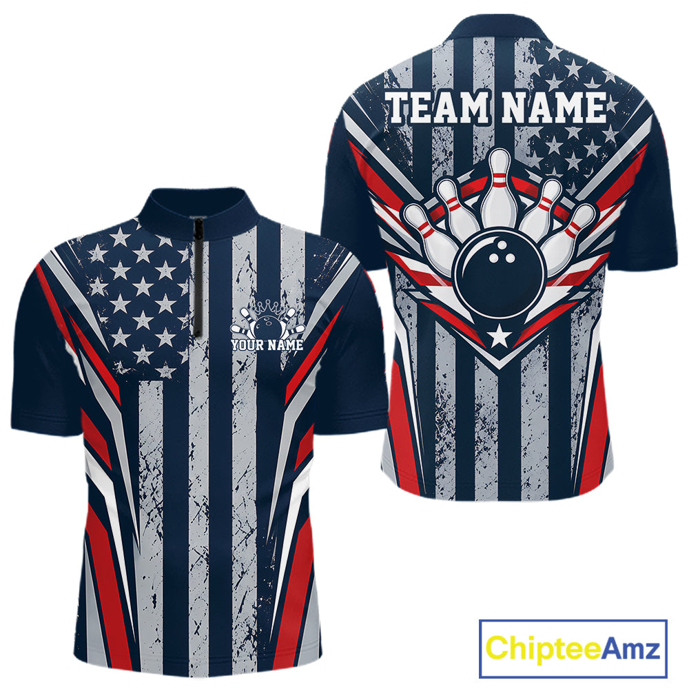 Grunge American Flag Custom Vintage Patriotic Bowling Men Quarter Zip Shirt, Bowler Outfit IPHW12406