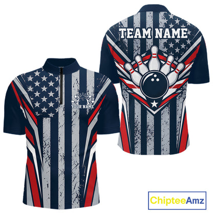 Grunge American Flag Custom Vintage Patriotic Bowling Men Quarter Zip Shirt, Bowler Outfit IPHW12406