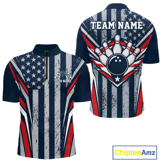 Grunge American Flag Custom Vintage Patriotic Bowling Men Quarter Zip Shirt, Bowler Outfit IPHW12406