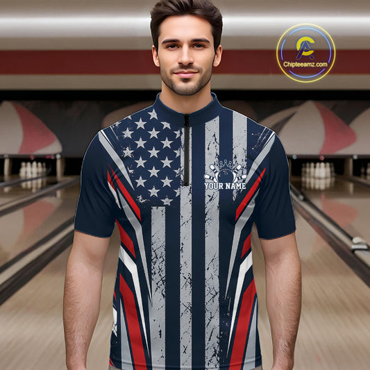 Grunge American Flag Custom Vintage Patriotic Bowling Men Quarter Zip Shirt, Bowler Outfit IPHW12406
