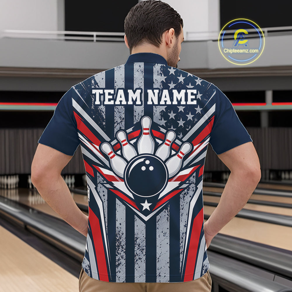 Grunge American Flag Custom Vintage Patriotic Bowling Men Quarter Zip Shirt, Bowler Outfit IPHW12406