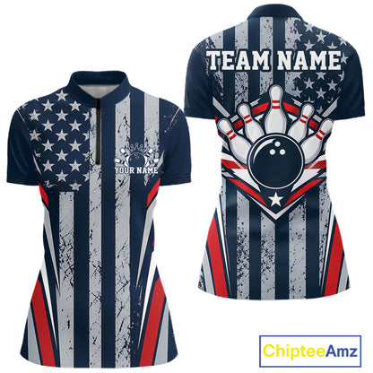Grunge American Flag Custom Vintage Patriotic Bowling Women Shirt, Bowler Outfit IPHW12406