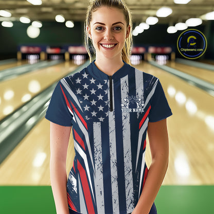 Grunge American Flag Custom Vintage Patriotic Bowling Women Shirt, Bowler Outfit IPHW12406
