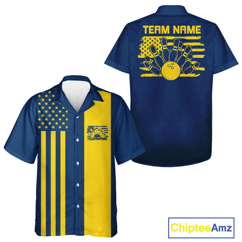 Custom Vintage US Flag Patriotic Bowling Button Up Team Shirt For Men And Women IPHW10085
