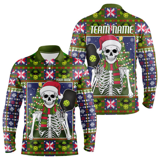 Funny Custom Ugly Sweater Pattern Skull Christmas Pickleball Long Sleeve Polo Shirts For Men IPHW8087