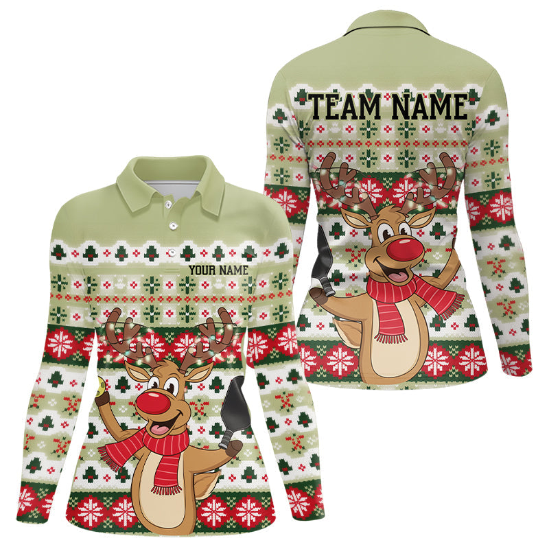 Custom Funny Christmas Reindeer Ladies Pickleball Long Sleeve Polo Shirt, Pickleball Outfit IPHW8089