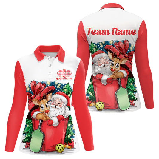 Funny Santa And Reindeer Custom Funny Ladies Pickleball Long Sleeve Polo Shirts Gifts IPHW8093