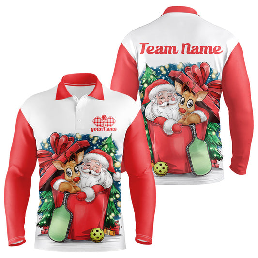 Funny Santa And Reindeer Custom Funny Pickleball Long Sleeve Polo Shirts For Men Pickleball Gifts IPHW8093