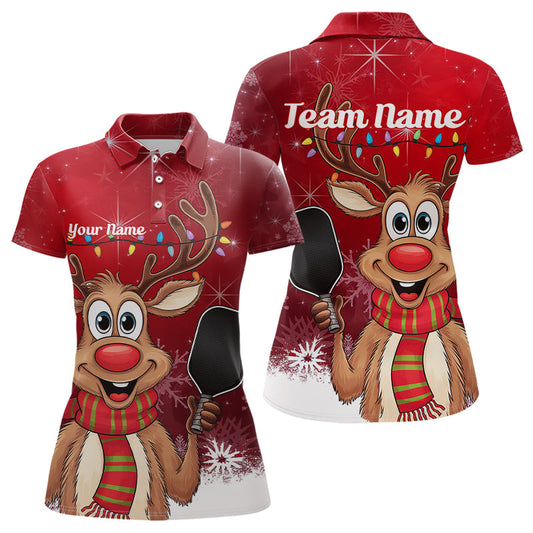 Custom Funny Christmas Reindeer Pickleball Polo Shirts For Women, Xmas Pickleball Outfit IPHW8096