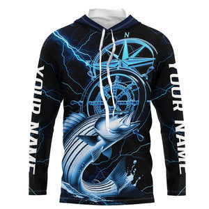 Blue Thunder Lightning Custom Striped Bass Compass Long Sleeve Hooded Tournament Fishing Shirts IPHW8099