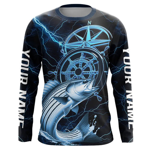 Blue Thunder Lightning Custom Striped Bass Compass Long Sleeve Tournament Fishing Shirts IPHW8099