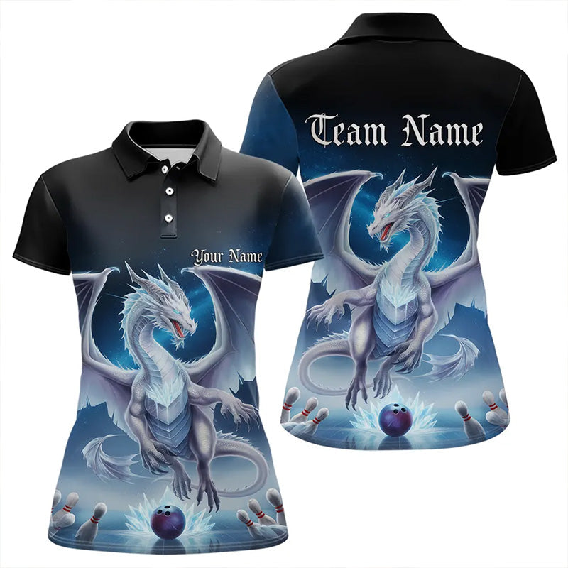 Custom Blue Ice Dragon Bowling Polo Shirts For Women, Dragon Bowling League Shirt IPHW8301