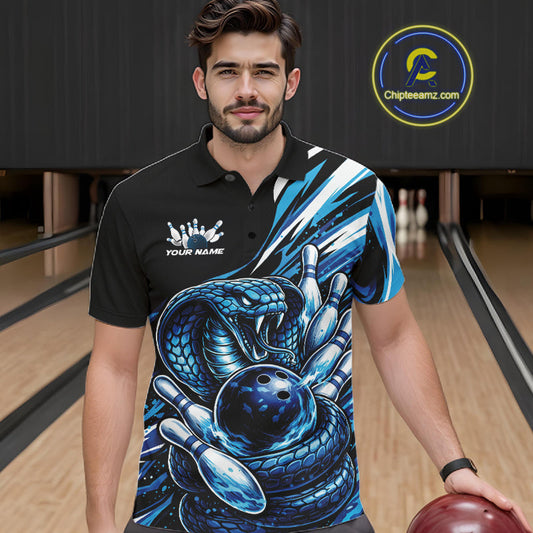 Custom Black And Blue Cobra Snake Men Bowling Polo Shirts, Cobra Bowling Jerseys IPHW10371