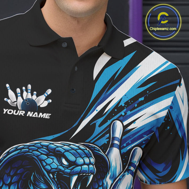 Custom Black And Blue Cobra Snake Men Bowling Polo Shirts, Cobra Bowling Jerseys IPHW10371