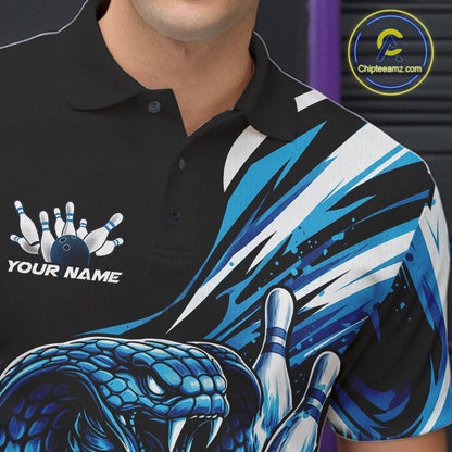 Custom Black And Blue Cobra Snake Men Bowling Polo Shirts, Cobra Bowling Jerseys IPHW10371