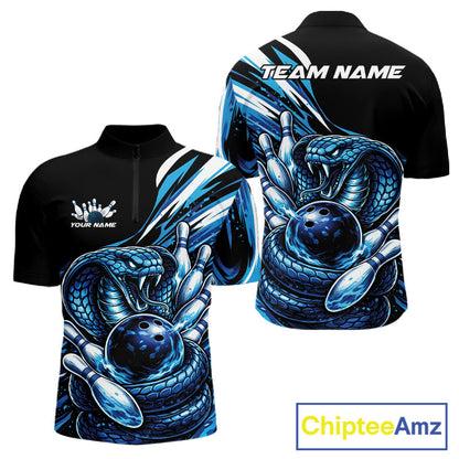 Custom Black And Blue Cobra Snake Men Bowling Quarter-Zip Shirts, Cobra Bowling Jerseys IPHW10371