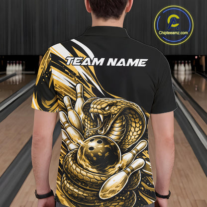 Custom Black And Yellow Cobra Snake Men Bowling Polo Shirts, Cobra Bowling Jerseys IPHW10372