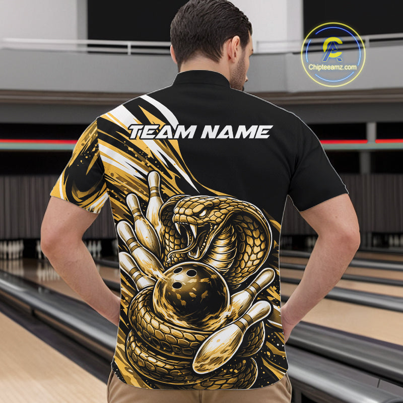 Custom Black And Yellow Cobra Snake Men Bowling Quarter-Zip Shirts, Cobra Bowling Jerseys IPHW10372