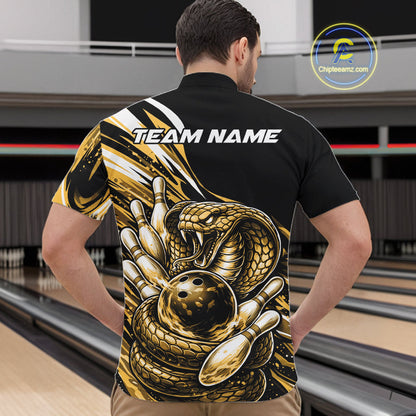Custom Black And Yellow Cobra Snake Men Bowling Quarter-Zip Shirts, Cobra Bowling Jerseys IPHW10372