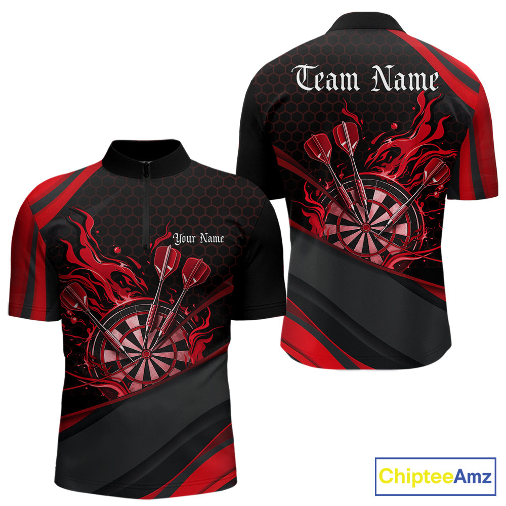 Custom Red Fire Flame Dartboard Darts Team Men Quarter-Zip Shirts, Dart League Shirts IPHW10377