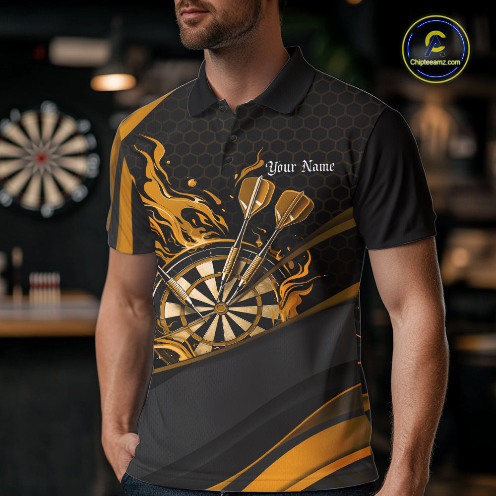 Custom Yellow Fire Flame Dartboard Darts Team Men Polo Shirts, Dart League Shirts IPHW10378