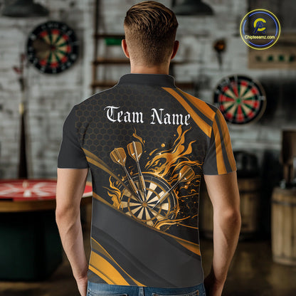 Custom Yellow Fire Flame Dartboard Darts Team Men Polo Shirts, Dart League Shirts IPHW10378