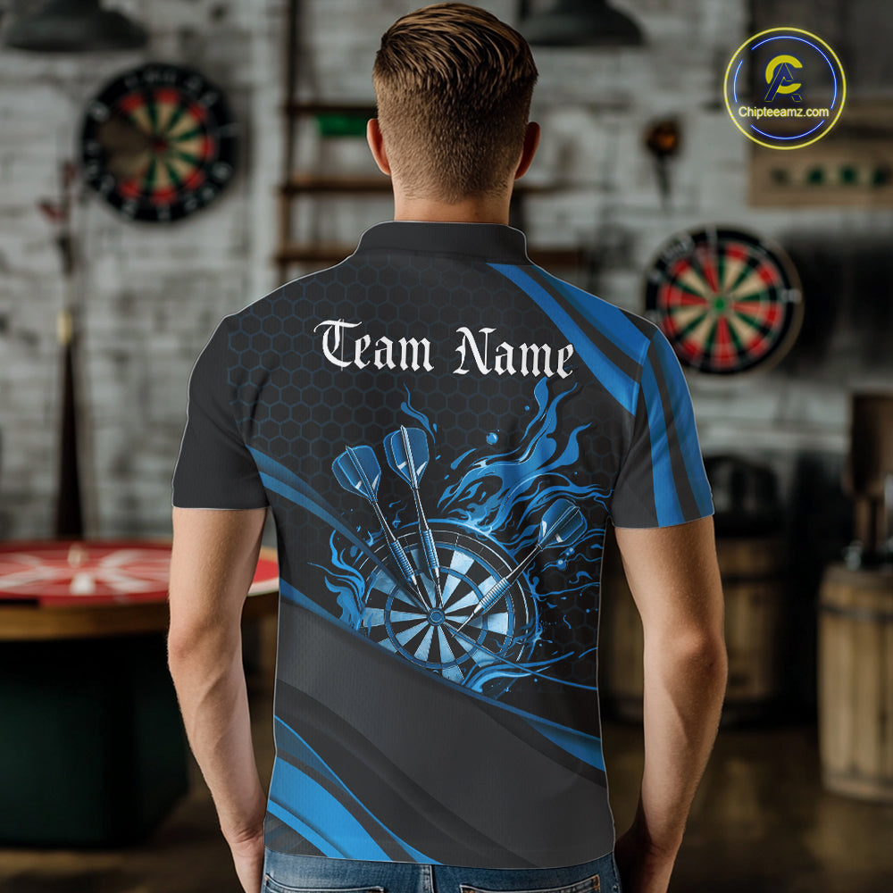Custom Blue Fire Flame Dartboard Darts Team Men Polo Shirts, Dart League Shirts IPHW10379