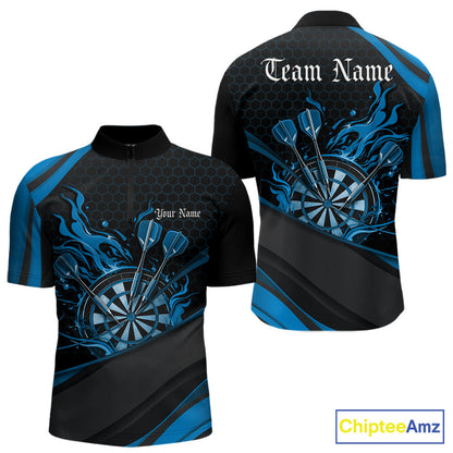 Custom Blue Fire Flame Dartboard Darts Team Men Quarter-Zip Shirts, Dart League Shirts IPHW10379