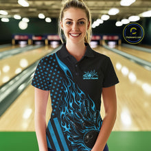 Load image into Gallery viewer, Custom Blue Patriotic Flame Bowling Women Polo Shirt, US Flag Bowler Jersey IPHW11166