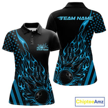 Load image into Gallery viewer, Custom Blue Patriotic Flame Bowling Women Polo Shirt, US Flag Bowler Jersey IPHW11166