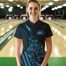 Load image into Gallery viewer, Custom Blue Patriotic Flame Bowling Women Quarter-Zip Shirt, US Flag Bowler Jersey IPHW11166