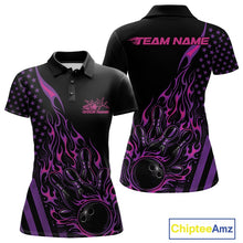 Load image into Gallery viewer, Custom Pink Purple Patriotic Flame Bowling Women Polo Shirt, US Flag Bowler Jersey IPHW11167