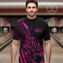 Load image into Gallery viewer, Custom Pink Patriotic Flame Bowling Men Quarter-Zip Shirt, US Flag Bowler Jersey IPHW11168