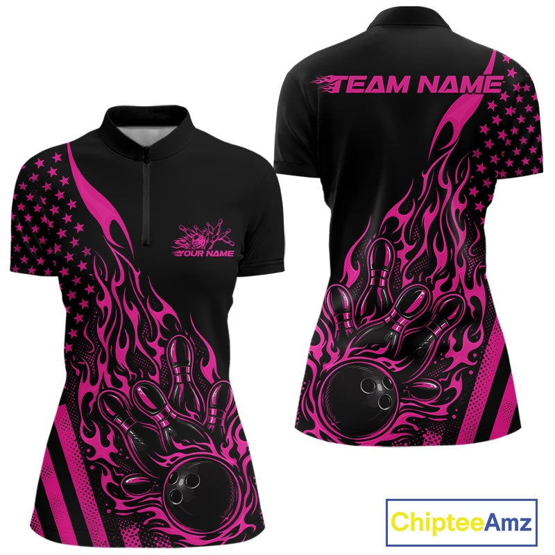 Front and back mockup of a black women’s bowling quarter-zip shirt showcasing a pink flaming bowling ball striking pins with an American flag theme.