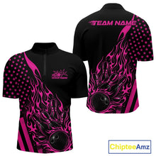 Load image into Gallery viewer, Custom Pink Patriotic Flame Bowling Men Quarter-Zip Shirt, US Flag Bowler Jersey IPHW11168