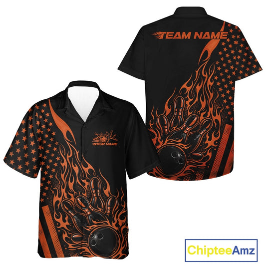 Front and back view of a black button-up bowling shirt featuring an orange flaming bowling ball striking pins with a patriotic American flag theme.