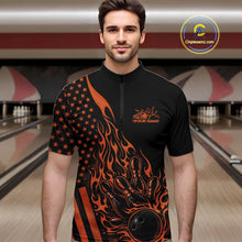 Load image into Gallery viewer, Custom Orange Patriotic Flame Bowling Men Quarter-Zip Shirt, US Flag Bowler Jersey IPHW11169