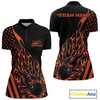 Front and back view of a black women’s bowling quarter-zip shirt featuring an orange flaming bowling ball striking pins with a patriotic American flag theme.