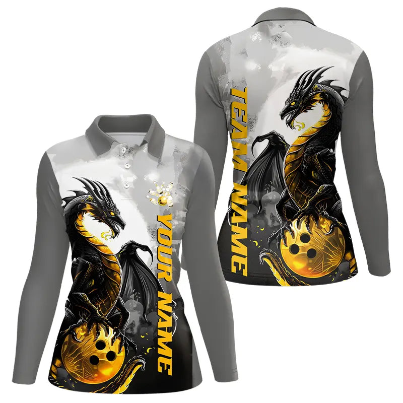 Black And Gold Custom Dragon Bowling Long Sleeve Polo Shirts For Women, Bowling Team Shirts IPHW7058