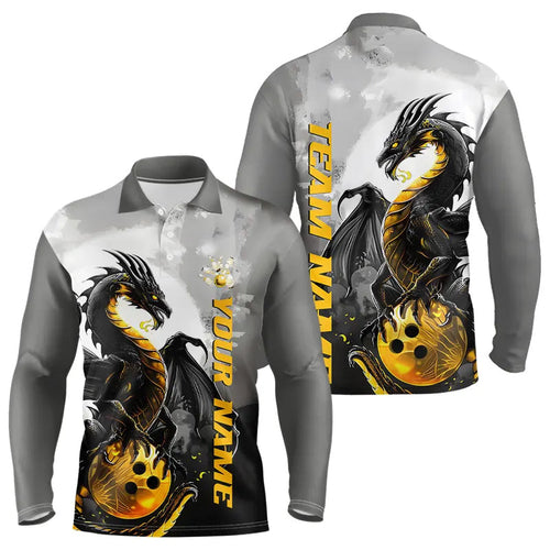 Black And Gold Custom Dragon Bowling Long Sleeve Polo Shirts For Men, Dragon Bowling Team Shirts IPHW7058