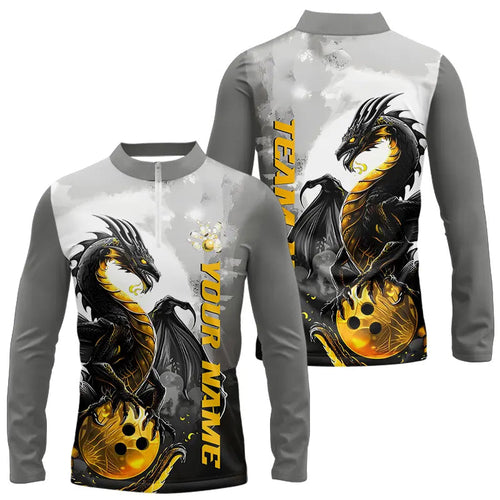 Black And Gold Custom Dragon Bowling Long Sleeve Quarter-Zip Shirts For Men, Bowling Team Shirts IPHW7058