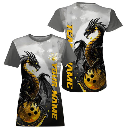 Black And Gold Custom Dragon Bowling T-Shirts For Women, Dragon Bowling Team IPHW7058