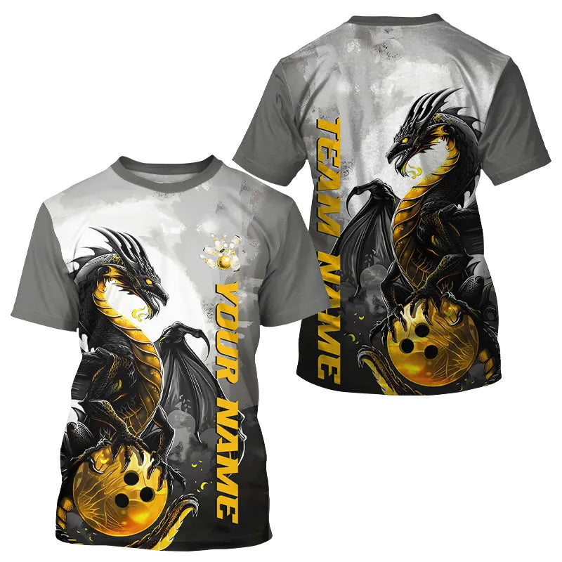Black And Gold Custom Dragon Bowling T-Shirts For Men, Dragon Bowling Team IPHW7058