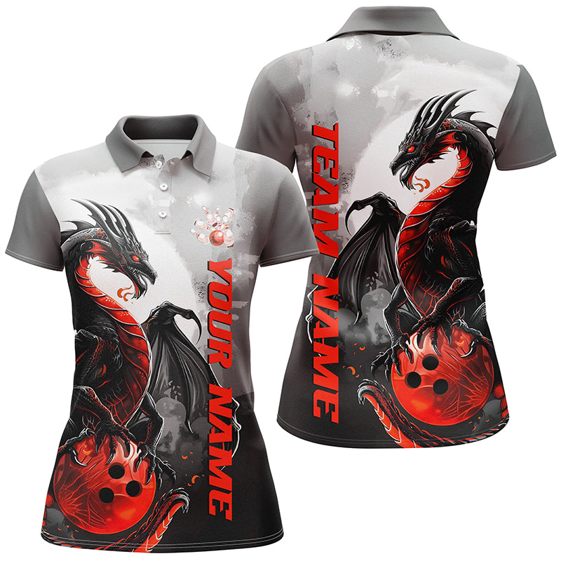 Black And Red Custom Dragon Bowling Shirts For Women, Dragon Bowling Team Shirts IPHW7060