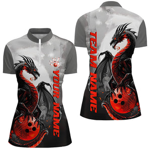 Black And Red Custom Dragon Bowling Shirts For Women, Dragon Bowling Team Shirts IPHW7060