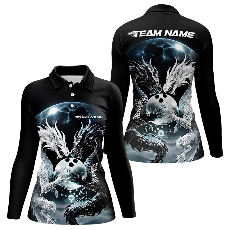 Black And White Dragon Custom Bowling Long Sleeve Polo Shirts For Women, Bowling League Shirt IPHW7064