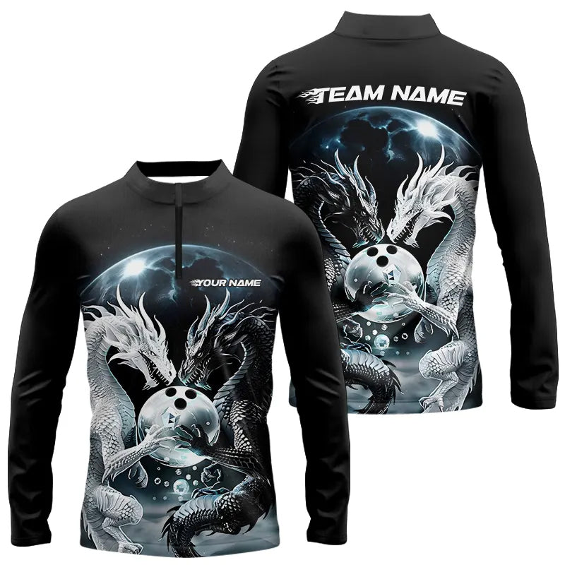 Black And White Dragon Custom Bowling Men Long Sleeve Quarter-Zip Shirt, Dragon Bowling League Shirt IPHW7064