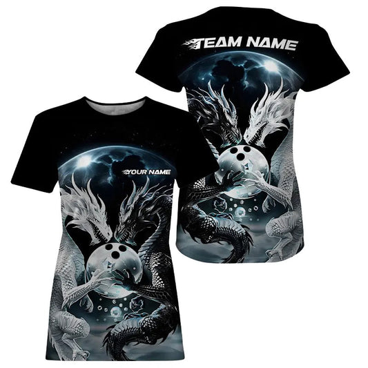 Black And White Dragon Custom Bowling T-Shirts For Women, Dragon Bowling League IPHW7064