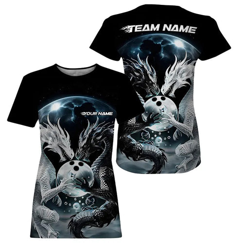 Black And White Dragon Custom Bowling T-Shirts For Women, Dragon Bowling League IPHW7064