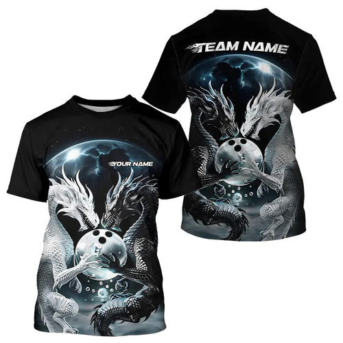 Black And White Dragon Custom Bowling T-Shirts For Men, Dragon Bowling League IPHW7064